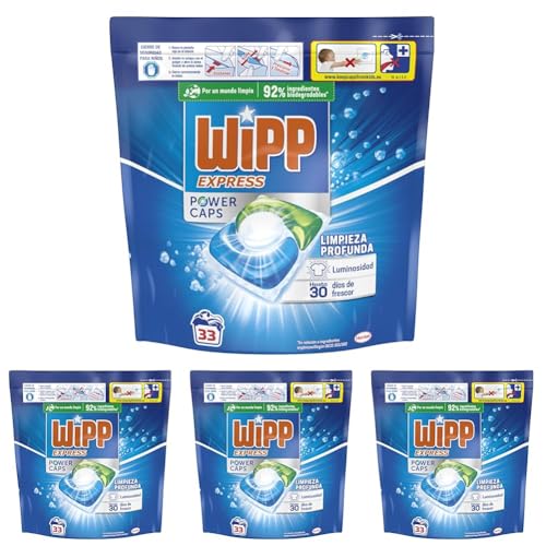 Wipp Express Power Caps Detergente en Cápsulas para Lavadora, 33 Dosis, Limpieza Profunda, Eficaz en Agua Fría (Paquete de 4)