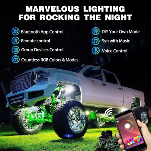 Image of Nilight RGB LED Rock Lights Kit 4 PCS Underglow Multicolor Neon Light Pod with Magnetic Base Bluetooth App Control Flashing Music Mode IP68 Wheel Well Light for Truck ATV UTV RZR SUV