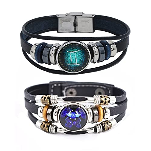 Zodiac Gemini Constellation Bracelet Handmade Woven Multilayer Zodiac Sign Leather Wrap Bracelet Wristband for Women Men Jewelry Gift 2Pcs Set