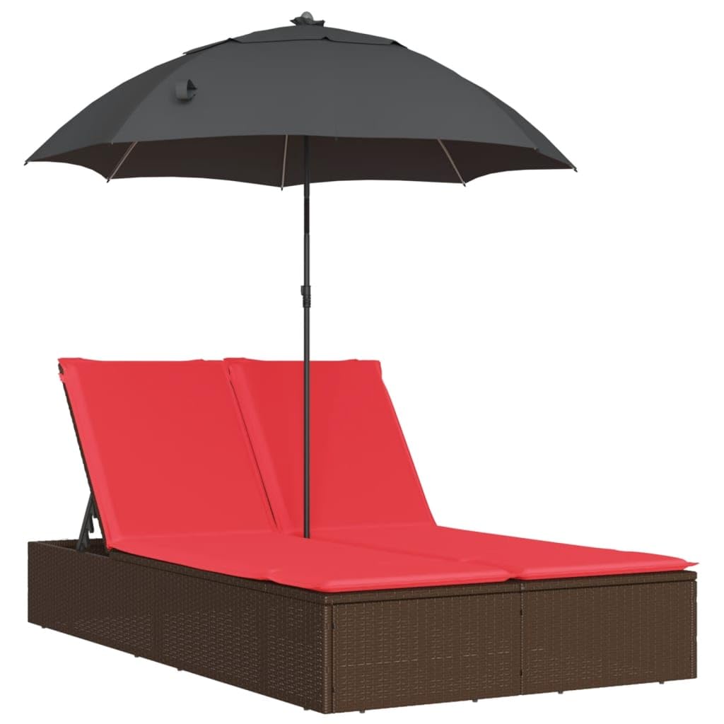 Chaise Longue Double en Résine Tressée Marron avec Parasol Rouge et Coussins Lavables - Lit de Jardin 2 Places avec Dossier Réglable pour Terrasse et Piscine - 200 x 164 x 176 cm