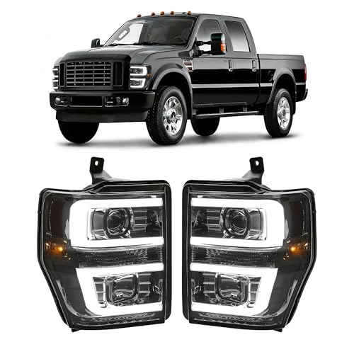 ALMULOO Pair LED Headlights Compatible with 2008-2010 Ford F250 F350 F450 F550 Super Duty Front Lamps Assembly Smoke Lens Chrome Housing w/C Type Tube Bar&Bulbs
