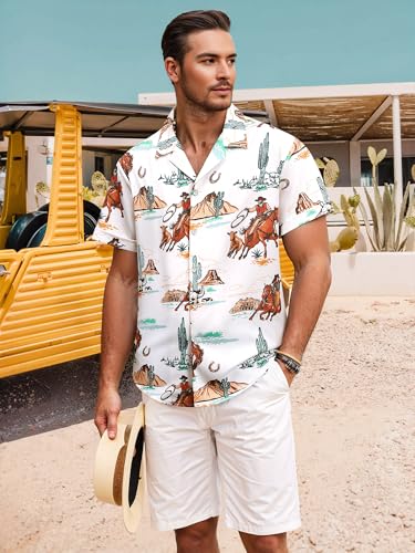 MYMORE Men's 2025 Western Cowboy Shirts Short Sleeve Vintaged Print Rodeo Button Up Shirt Summer Hawaiian Graphic Outfit2