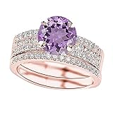 1.33 Carat t.w 14K Rose Gold Three Row Prong And Middle Row Channel Set Round Diamonds Engagement Ring and Wedding Band Set w/a 0.75 Carat Round Cut Purple Amethyst Heirloom Quality