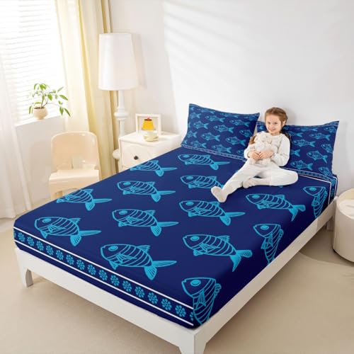 Image of jejeloiu Ocean Fish Bed Sheets Set King Size Summer Bed Set Blue Deep Pocket Fitted Sheet Sea Animal Breathable Soft Lightweight Microfiber