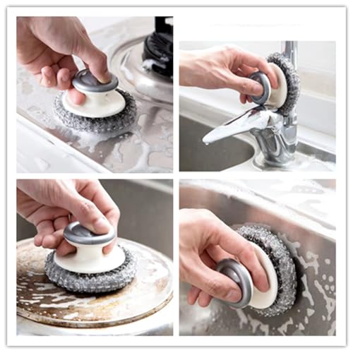 Image of 2Pcs Stainless Steel Wool Scrubber with Handle and 1 Pcs Dish Brush,Heavy Duty Pot Scrubbers Dish Scrubber Cleaning Brush Wash for Kitchen Pots, Grills, Pans, Sink (1+2)