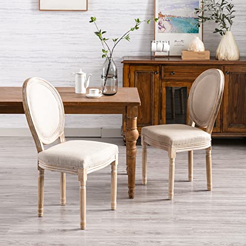 Guyou Farmhouse Upholstered Dining Chairs Set Of 8, French Country Dining Room Chairs Vintage Accent Chairs Round Fabric Back With Distressed Wood For Kitchen Living Room (Beige) #TOP1