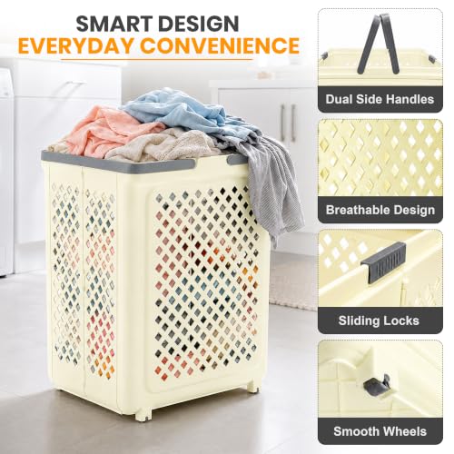 Image of JD FRESH Large 45 Liters Foldable Laundry Basket /Multipurpose Laundry Bag for Clothes with Wheels and Integrated Handles /Movable Plastic Clothes Basket /Laundry Bucket for Home & Laundry Room (Ivory)