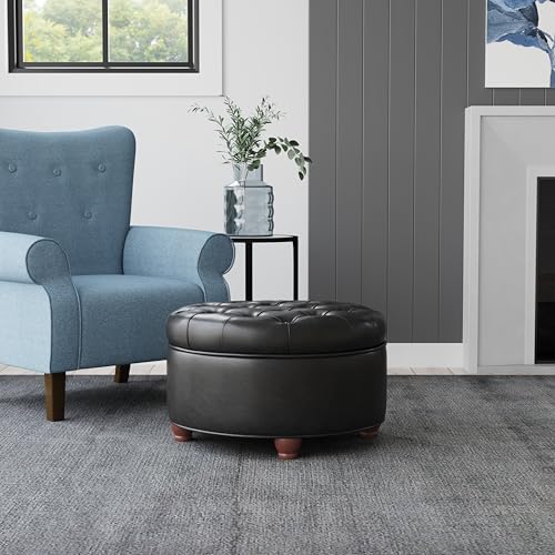 Image of HomePop 25 inch Button Tufted Round Storage Ottoman - Black Faux Leather