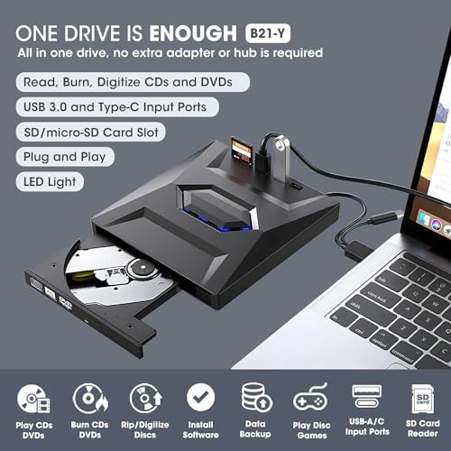 Image of External CD DVD Drive CD /DVD-ROM Burner Player with USB 3.0 /2.0 / USB-C /SD Card Reader, Portable CD /DVD ROM + /-RW Optical Disc Drive for Laptop PC Mac Windows 11 /10 /8 /7 Linux Computer