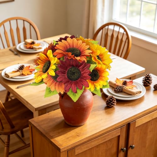 Image of 9PCS Sunflower Fall Artificial,Fake Silk Orange Red Yellow Sunflower | 13.8 inch Autumn Artificial Flowers for Fall Home Decor, Baby Shower, Wedding Decor and Cemetery Flowers Decor