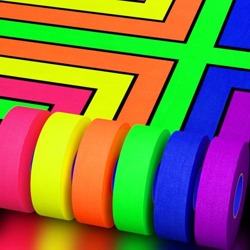 Image of SWRT Neon Gaffer Cloth UV Blacklight Tape for Halloween Decorations, 6 Rolls Multi-Color UV Fluorescent Glow in The Dark Tape for Party Decoration, Dance Floors, UV Party (1 inch x 60 feet)