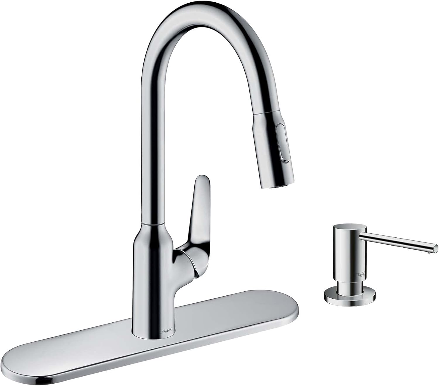 Focus N High Arc Chrome Kitchen Faucet + Soap Dispenser + Base Plate