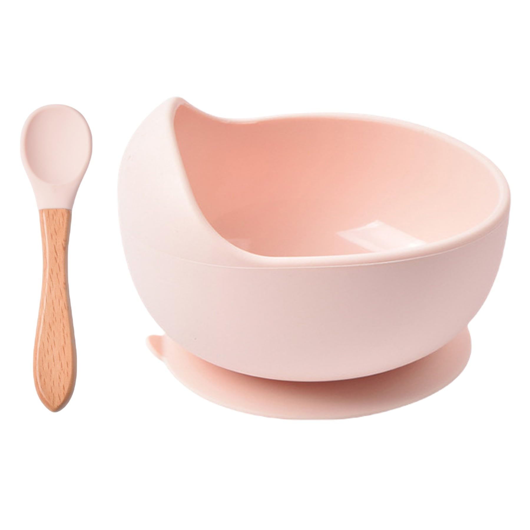 Silicone Baby Feeding Bowl and Spoon Set, Suction Base and Wooden Spoon Kit First Stage Self Training Feeding Sets for Toddler Kids, Pack of 1, Light Pink-image-17