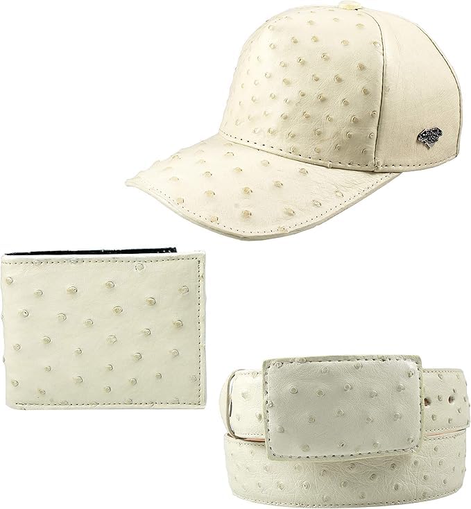 Combo Genuine Ostrich quill leather skin belts, wallets and baseball cap hat for men Italy