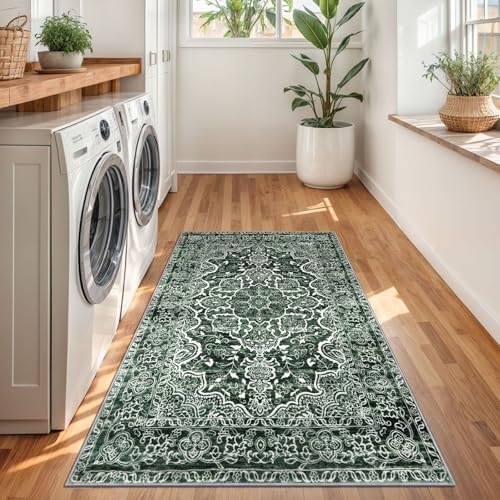 KUTA 3x5 Vintage Area Rug, Floral Kitchen Rugs Dark Green Washable Non-Slip, Ultra Soft Printed Distressed Medallion Entry Carpet Low-Pile Throw for Bedroom Living Room