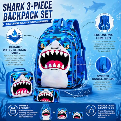 Image of 16 inch Shark Backpack for Boys, 3Pcs Kids Bookbag with Lunch Box, School Backpacks for Elementary Preschool Kindergarten (Blue)