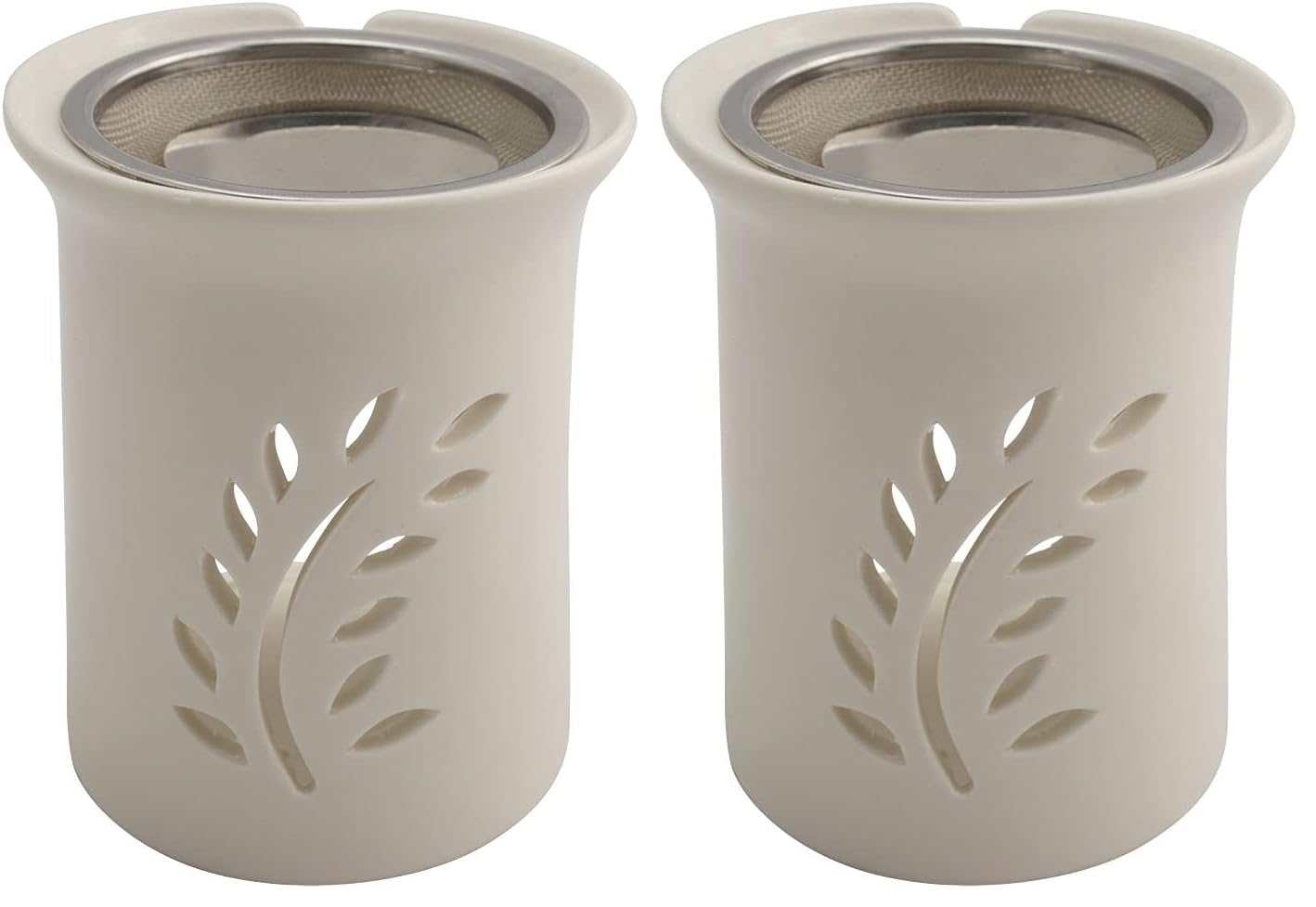 Räucherstövchen mit Edelstahlsieb & Metallscheibe – Design Friedenszweig, weiße Keramik, Höhe 11 cm – ideal für Weihrauch & Kräutermischungen (Packung mit 2)