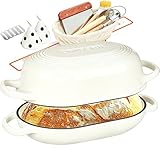 Enameled Cast Iron Dutch Oven for Bread Baking - incl. Sourdough Bread-Baking Supplies like Banneton Bread-Proofing Basket - 5QT Loaf Cast Iron Bread Oven Pan& Meatloaf Pan with Lid, Sour Sough Tools, Lame (Cream White）