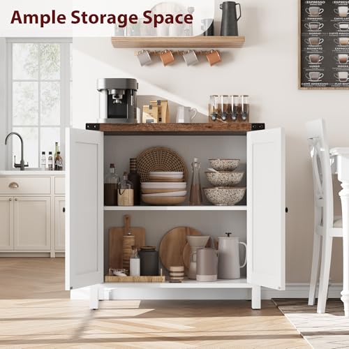 GarveeHome Small Storage Cabinet, Farmhouse Sideboard Buffet Cabinet with 2 Doors and Adjustable Shelves, Accent Entryway Console Cabinets for Living Room, Dining Room (White+Brown Top, 2 Pieces)
