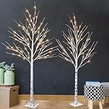 PEIDUO Set of 2 Lighted Birch Tree, Prelit White Christmas Tree, Light Up Artificial Trees with Dimmable & Timer, Twinkling Twig Tree with LED Lights for Home Decorations Outdoor Indoor Decor 5FT 6FT
