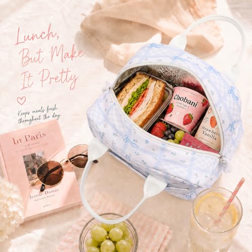 Image of LOVELYWIND Lunch Box for Women, Insulated Lunch Bag, Blue Checkered Tote