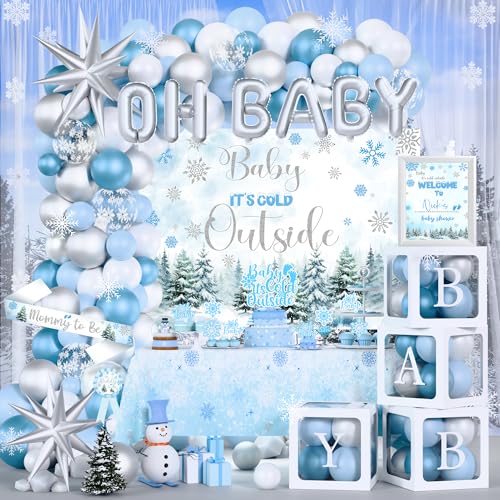Baby Its Cold Outside Baby Shower Decorations Blue Winter Snowflake Baby Shower Party Supplies Boy Winter Wonderland Little Snowflake Is On The Way Balloon Garland Boxe Sash Baby Boy Shower Kit