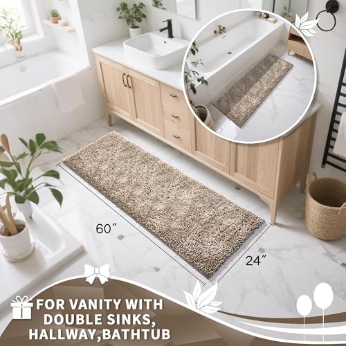 Image of Yimobra Long Bathroom Rugs Runner 60x24 Inch, Extra Thick Soft Absorbent Chenille Bath Mat, Non Slip Machine Washable, Quick Dry Bath Rugs for Bathroom Floor, Tub and Shower, Camel