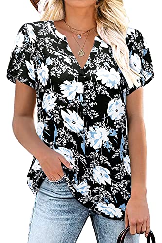 Siddhe Damen Bluse Elegant Festlich, Sommerbluse Damen Leicht Elegante Longshirt Baumwolle Tunika Sommer Kleidung für Damen V-Ausschnitt Arbeitsblusen Damen Oberteile Sommer Tunika Damen Blummen, XXL