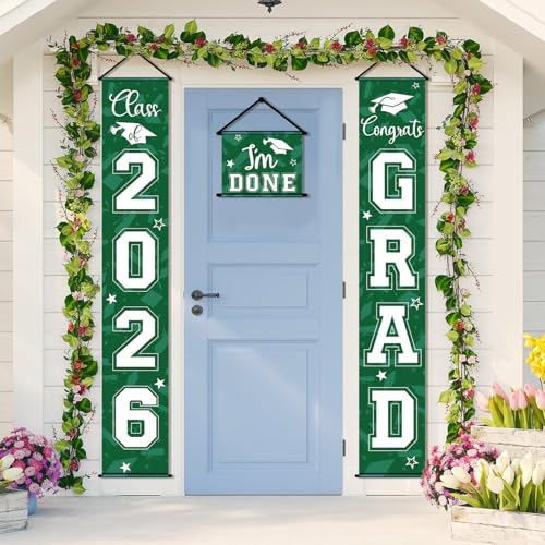 Image of Moukeren 3 Pieces 2026 Graduation Party Decorations Graduation Porch Sign Class of 2026 Grad Hanging Porch Banner Backdrop Door Sign for Grad Party Home Door Wall Decor(Green)