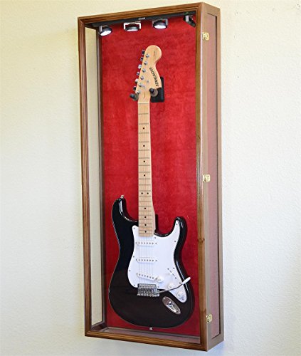 Clear Viewing Guitar Display Case Fender Acoustic Electric Cabinet Rack Holder (Walnut Finish, Red Background)
