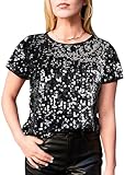 Anna-Kaci Women's Sparkly Sequin Top Short Sleeve Glitter Concert Party Disco Shirt Blouse, Black and Silver, Large
