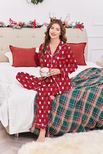 Image of Ekouaer Womens Satin Pajama Set Classic Pattern Silky Pj Sets Button Down Sleepwear Loungewear,Medium,Red Chirstmas Teddy