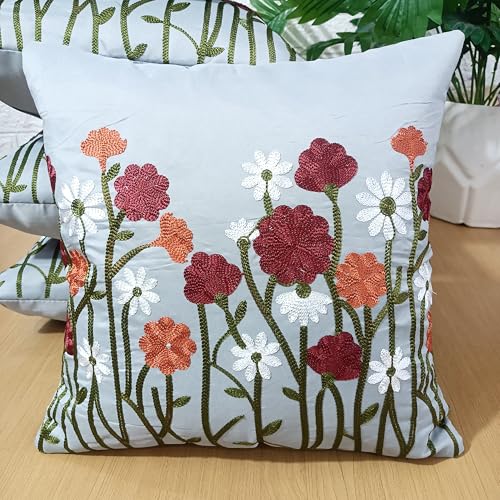Image of LOFEY Satin Cushion Covers Set of 5 | 16 inch x 16 inch (40x40 cm) MultiFloral Decorative Sofa & Bed Pillow Covers for Living Room & Bedroom Decor (Without Filler) (Silver)