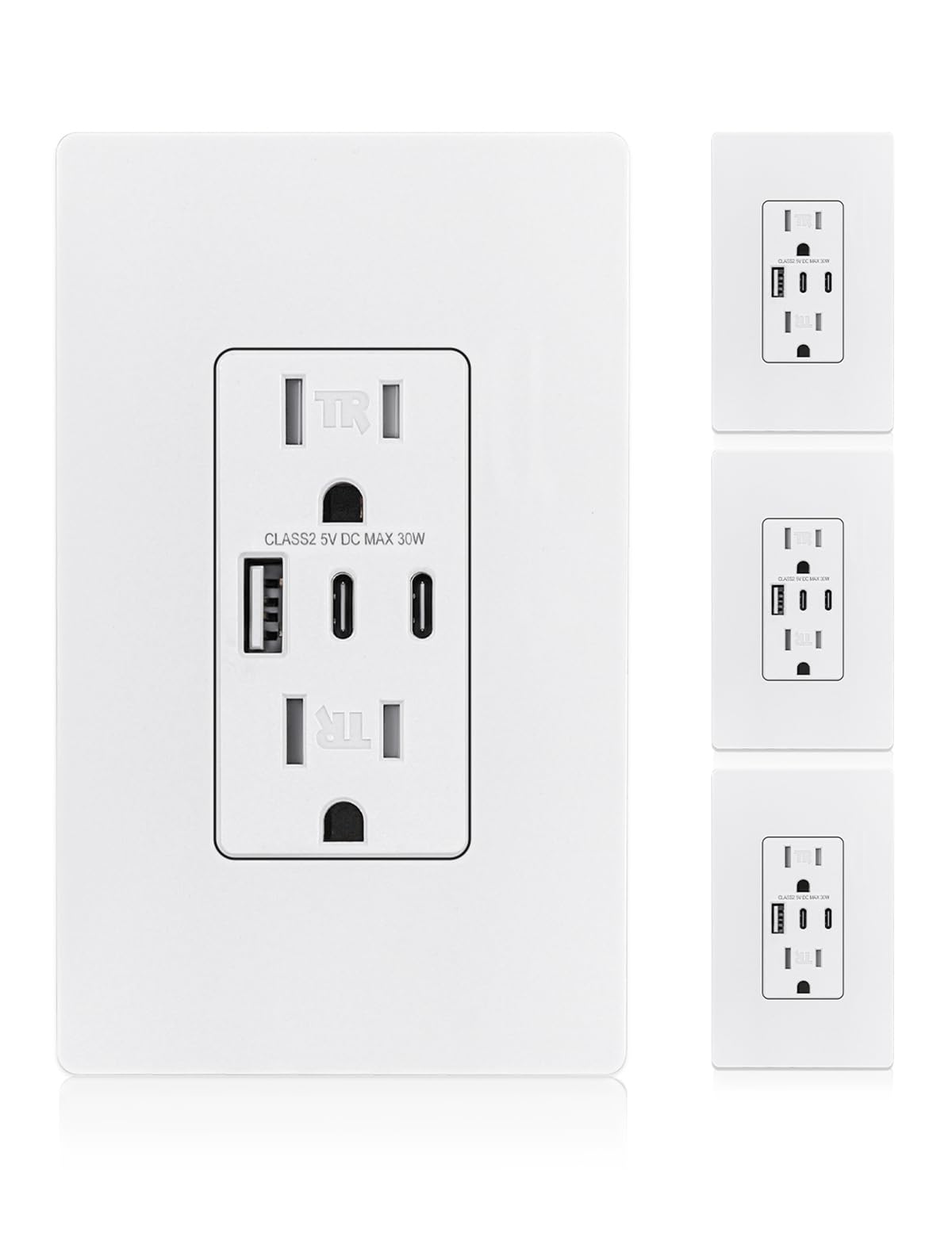 Photo 1 of MOES USB Outlet, 3 USB Ports Receptacles(30W 6Amp), 2 Type C & 1 USB A Port, 15 Amp TR Tamper-Resistant Wall Outlets, Screwless Wall Plate Included, Charger Outlets, ETL Listed, White 4 Pack