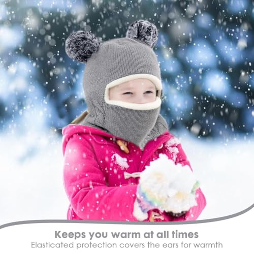 Casenly Cagoule Bébé, 3 en 1 Chapeau et écharpe de Bébé d'hiver Chaud Cache Oreilles Chapeaux Bonnet Bebe Casquette et Écharpe Masque Tricoté Enfant Double Pompon Cagoule pour Fille Garçon, Gris – vue 6