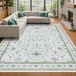 Hazo Haus Blue and Green Living Room Rug 8x10 - Cream Oushak Vintage Boho Floral Farmhouse, Washable Low Pile Non-Slip Extra Large Area Rugs for Bedroom, Girls, Boys, Playroom, Lounge