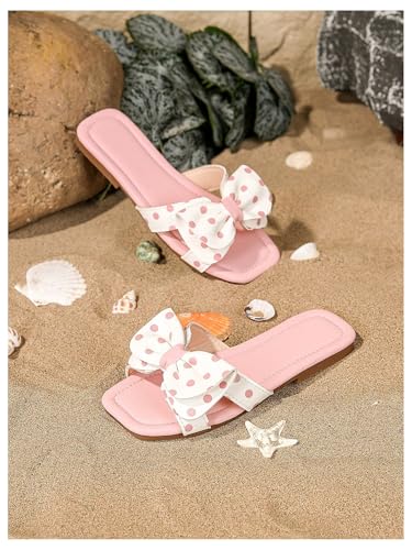 OYOANGLE Girl's Polka Dots Bow Leather Sandals Slides Open Square Toe Slip On Cute Flat Sandal2