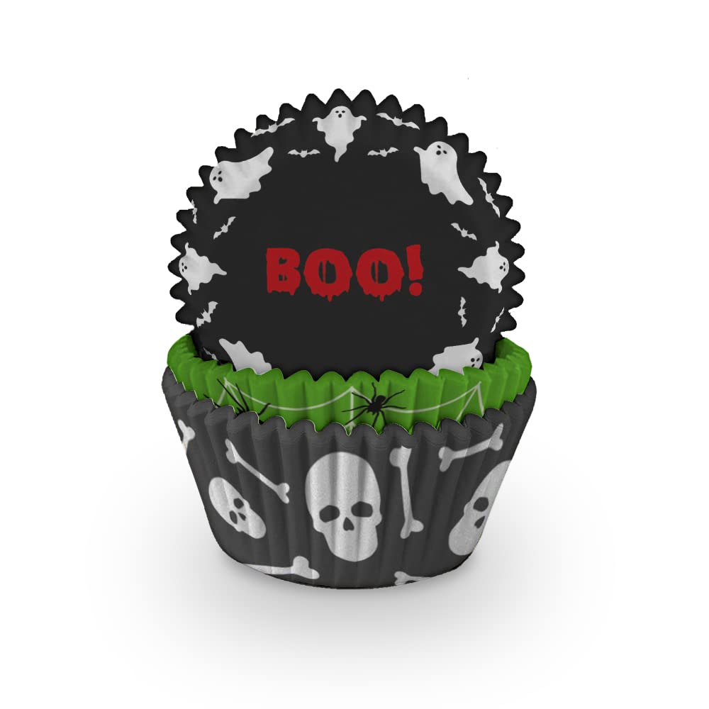 Anniversary House 75pcs Halloween Cupcake Cases - Baking Cups in 3 Spooky Designs with Heavy Duty Greaseproof Paper Liners for Muffins and Cupcakes - Festive Halloween Party Baking Accessories