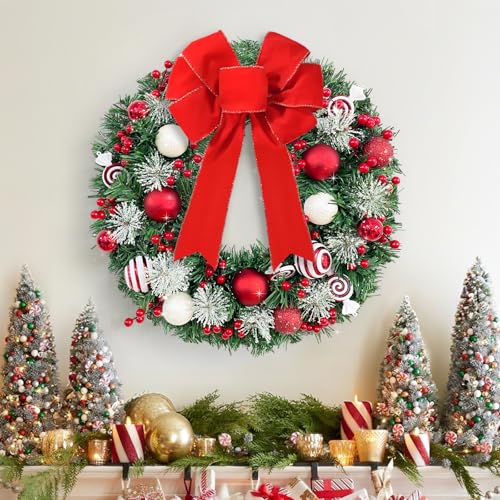 Christmas Wreath with Lights, 20" Christmas Wreaths for Front Door with Red Bow, Christmas Door Wreath for Indoor Outdoor Fireplace Wall Window Christmas Decor