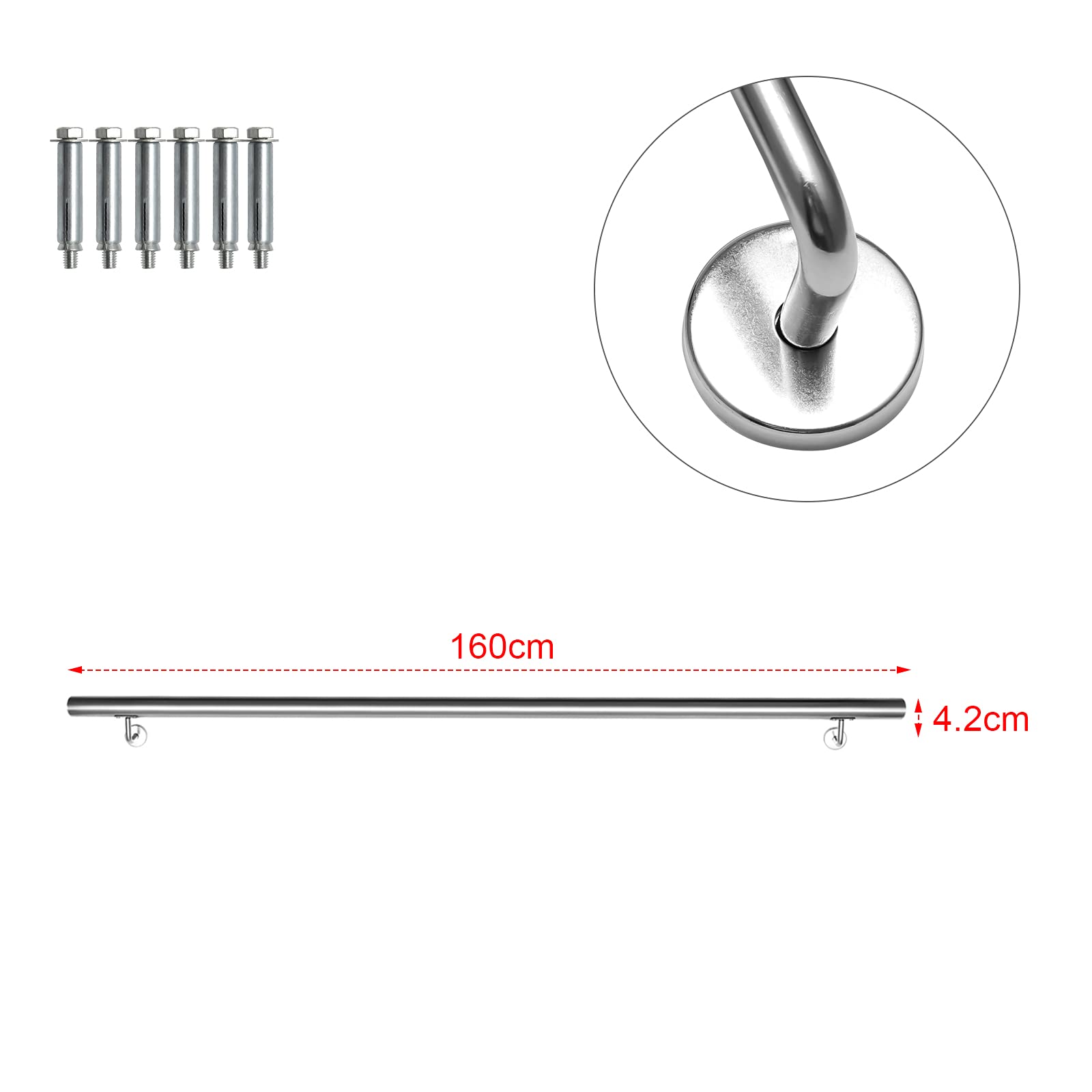 Randaco - Corrimano in acciaio inox per scale, corrimano da parete, corrimano per scala, con supporto a parete e terminali, per scale interne ed esterne, balconi e parapetti, lunghezza: 160 cm