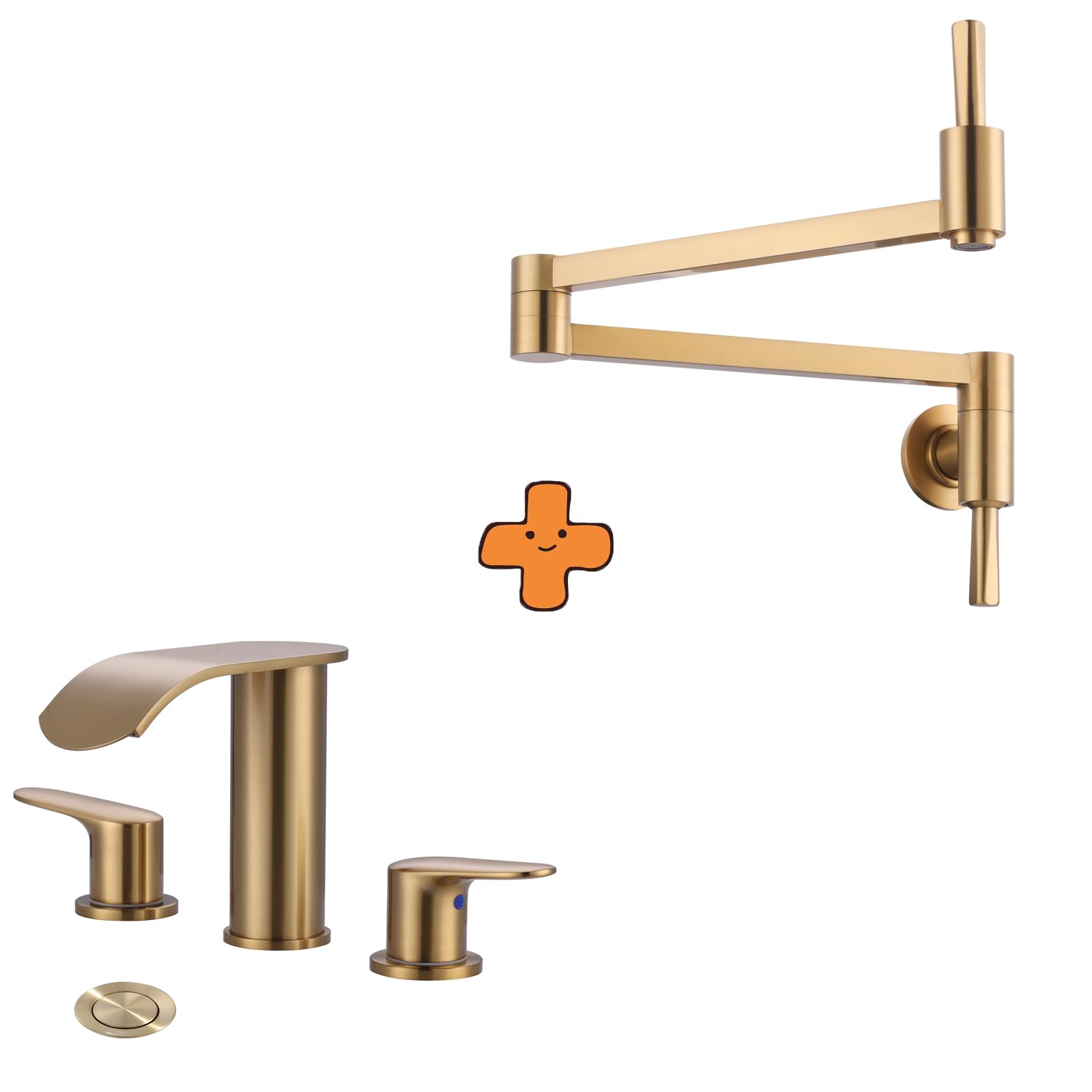 Jnfidosr Gold Waterfall Bathroom Faucet 3 Holes 8Inch Widespread Bathroom Sink Faucet And Pot Filler Folding Faucet Brass Pot Filler Faucet Wall Mount Brushed Kitchen Faucet
