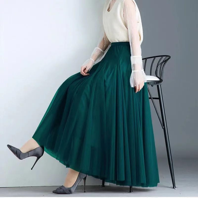 Women's Mesh Elastic High Waist Long Skirt Solid Pleated Midi Skirts4
