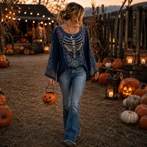 Womens Halloween Shirts Casual Skeleton Crew Neck Bell Sleeve Top - image 4