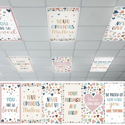 QOUBAI 6 Pcs Fluorescent Light Covers, 4x2 Feet Magnetic Light Cover Fluorescent Lights Shade Panel Positive Inspirational Ceiling Lights Filters for Office Classroom Home Drop Ceiling Boho Heart