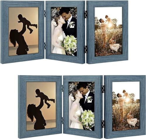 Golden State Art, 5x7 Triple Picture Frame Blue- Real Glass, 2 Pack