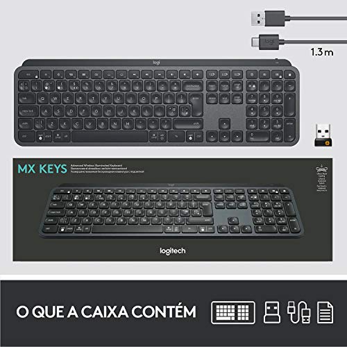 Teclado sem fio Logitech MX Keys com Iluminação Inteligente, Conexão USB Unifying ou Bluetooth com E