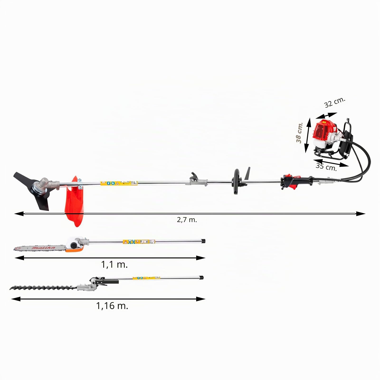 Desbrozadora multiusos 5 en 1 de 52 ccm, cortasetos, cortasetos, tijeras telescópicas, tijeras de podar, herramienta multiusos para jardín