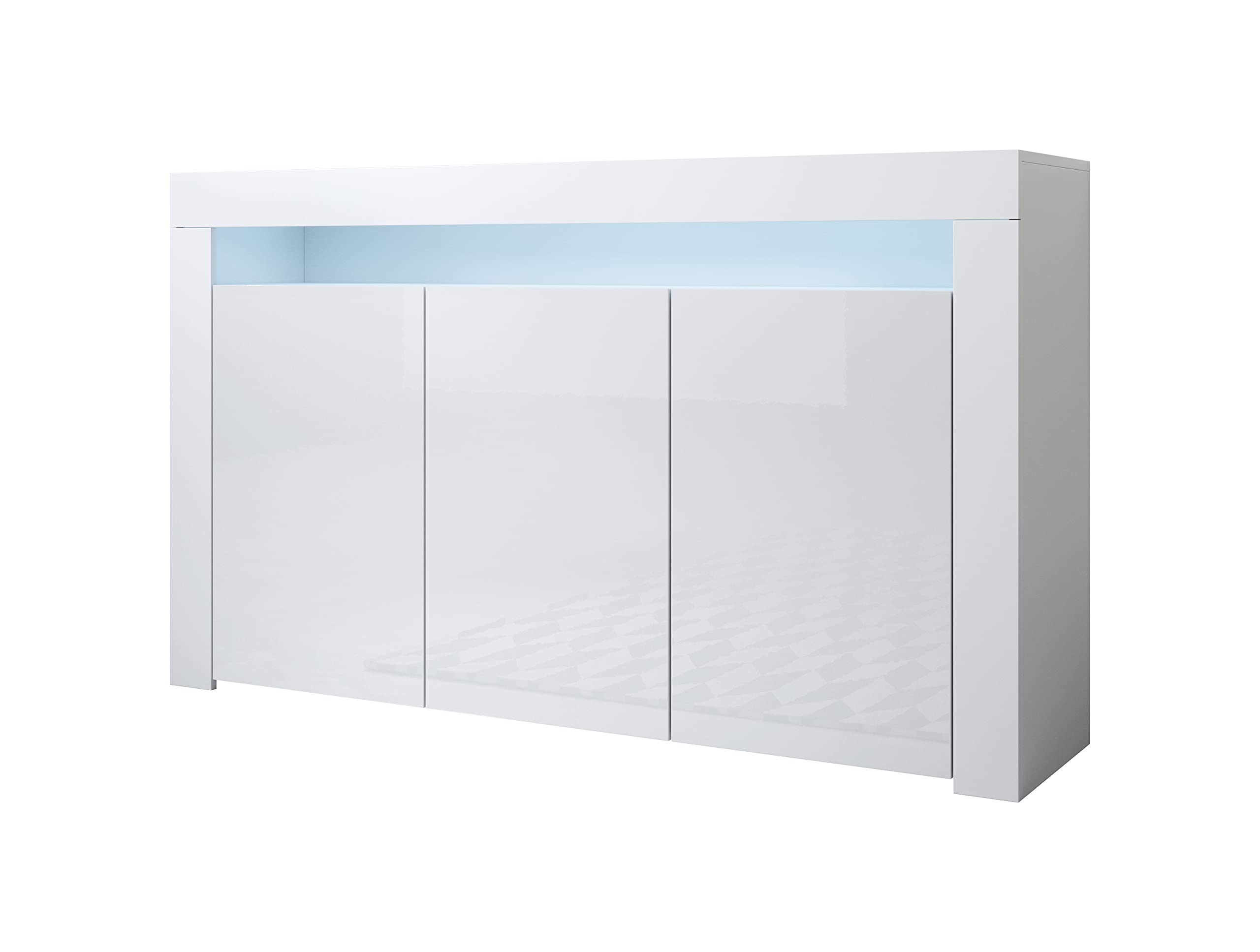 MB Muebles Bonitos | Aparador Mueble TV con LED | Armario para Salón Comedor Moderno | Aparador 3 Puertas | Ancho 155 x Alto 91,5 x Profundo 37cm | Color Blanco | Acabado Brillo | Modelo Aker