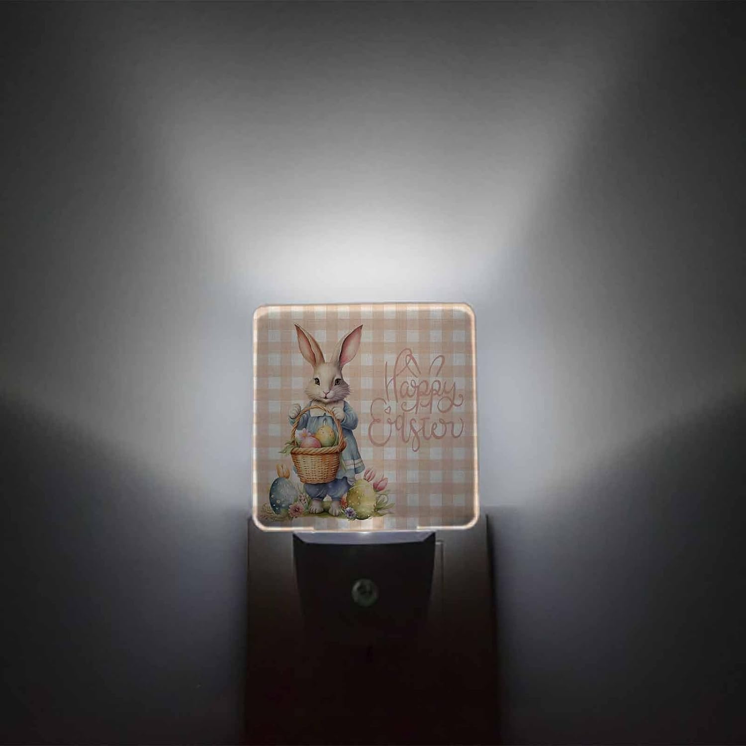 Night Light Plug Into Wall, Happy Easter Bunny Egg Vintage Orange Buffalo Plaid LED Night Light with Light Sensors Dusk to Dawn, Nightlight for Kids Nursery Stairs Hallway Decor