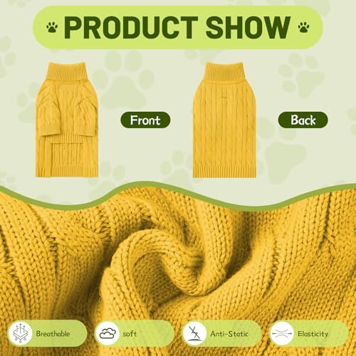 Image of Small Dog Thermal Pullover Sweater, Classic Turtleneck Cable Knitwear Dog Clothes for Cold Weather Warm Pet Clothes for Chihuahua, Bulldog, Dachshund, Pug Yellow Small